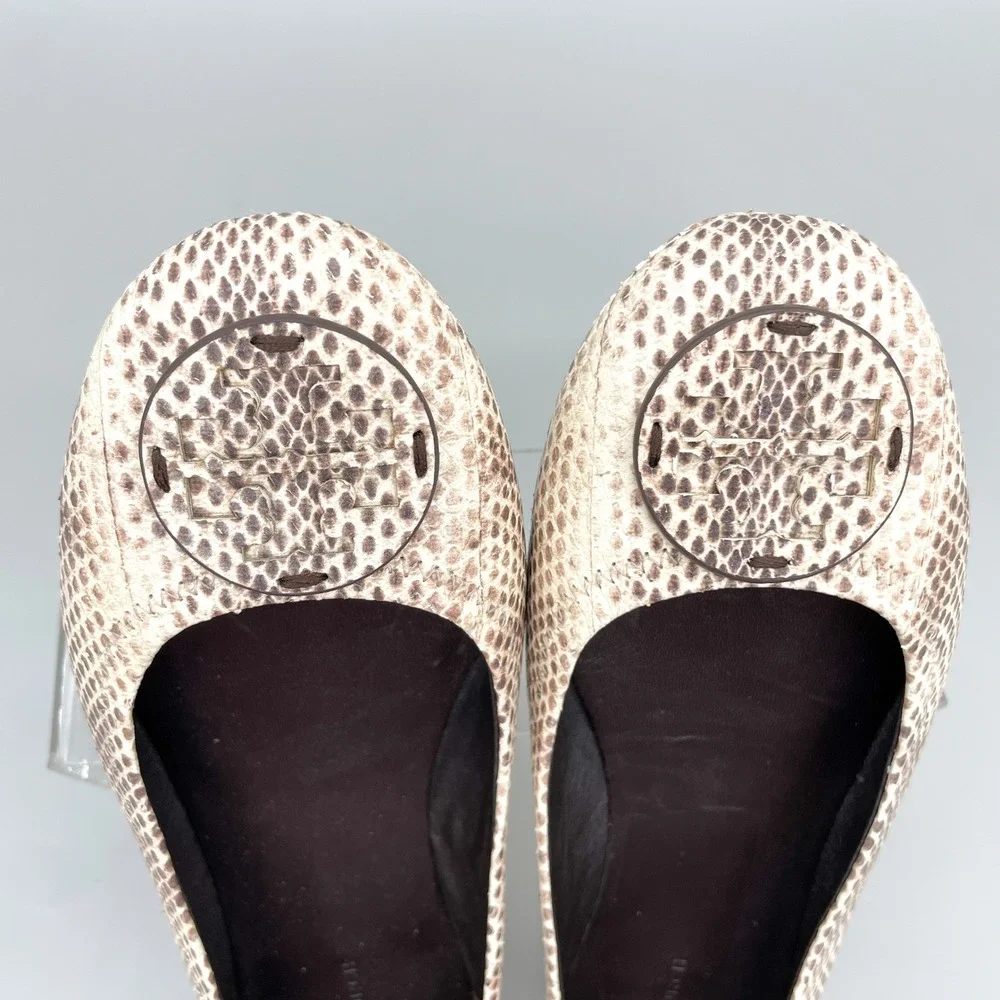 Tory Burch Minnie Travel Ballet Flats Womens 9M Snake Print Leather Brown Cream
